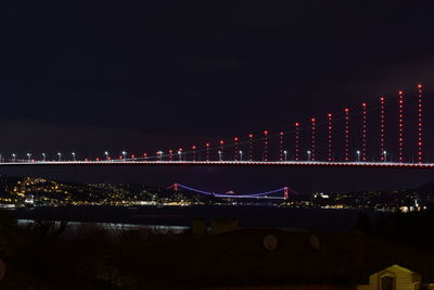 Illuminated suspension bridge at night