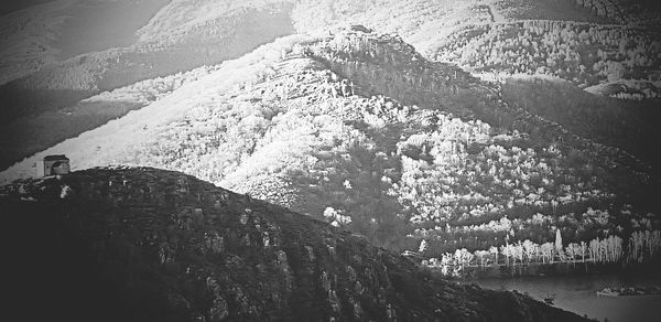 High angle view of people on snow covered land