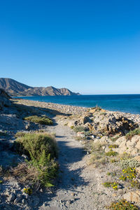 Scenic view of sea against clear blue sky