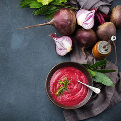 High angle view of various vegetables on table