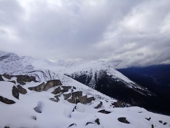 Scenic view of snowcapped mountains against sky