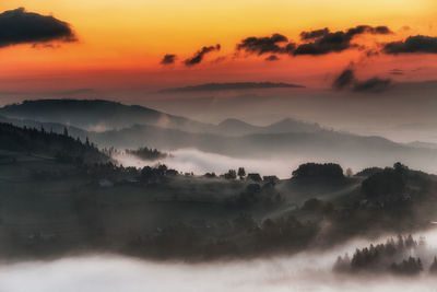 Panoramic view of mountains against sky during sunset