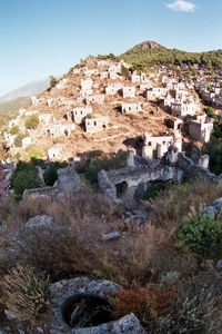 High angle view of buildings against sky