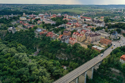 High angle view of townscape by road in city