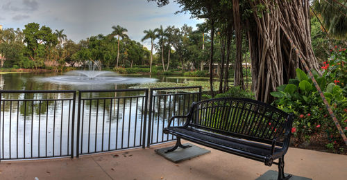 Bench in park by lake