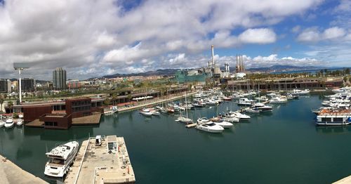 High angle view of harbor by city against sky