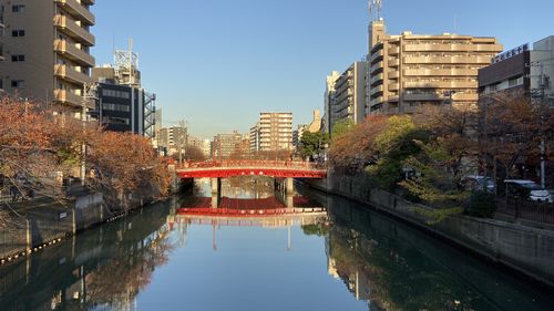 Reflection of buildings and trees in canal