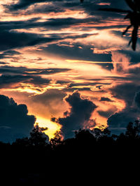 Low angle view of silhouette trees against dramatic sky