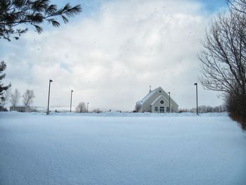 Snow covered houses and trees against sky