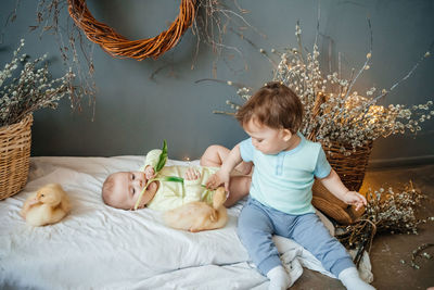 Two babies with small goslings eco style grey background wicker basket willow