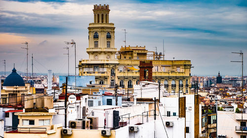 High angle view of buildings in city against sky