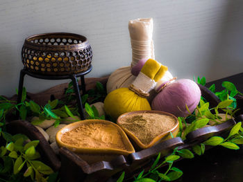 High angle view of eggs in basket on table