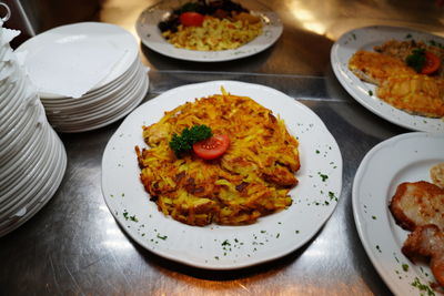 High angle view of food served on table