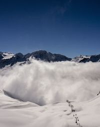 Scenic view of snow covered mountains