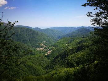 High angle view of green landscape against sky