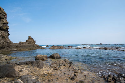 Scenic view of sea against blue sky