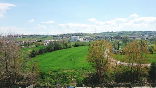 Panoramic view of agricultural field against sky
