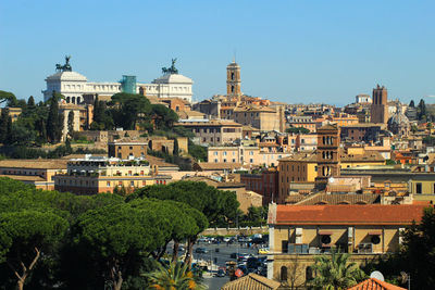 Panoramic view of buildings in city against clear sky