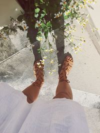 Low section of woman standing by flowers on footpath