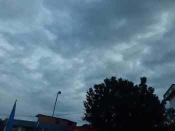 Low angle view of trees and building against cloudy sky