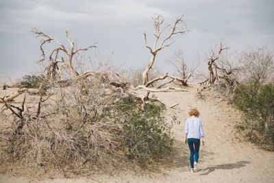 Rear view of woman by bare tree against sky