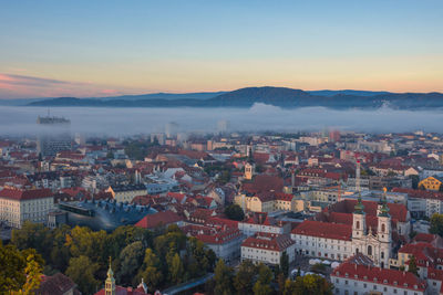 High angle view of townscape against sky during sunset