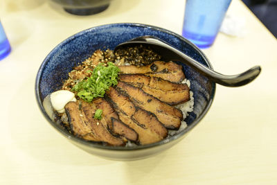 High angle view of char siu on table