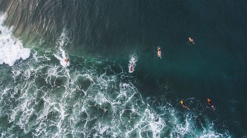 High angle view of people swimming in sea