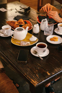 High angle view of breakfast served on table