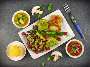 High angle view of meal served on table