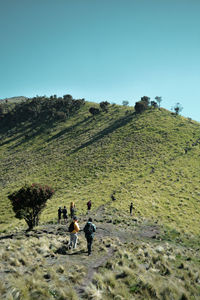 People on landscape against clear blue sky