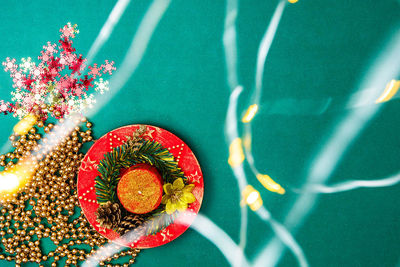 High angle view of red flowering plant on table