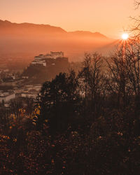 Scenic view of mountains against sky during sunset