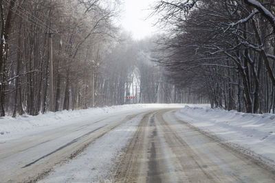 Snow covered road amidst trees in city