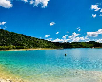 Scenic view of sea against blue sky