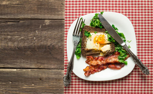 High angle view of breakfast served on table