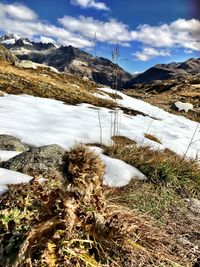 Scenic view of snowcapped mountains against sky