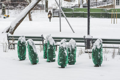 Plants, bushes and trees in a park or garden covered with green blanket antifreeze, swath of burlap