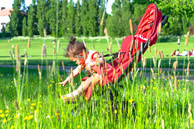 Baby on a push chair playing in a meadow at a park