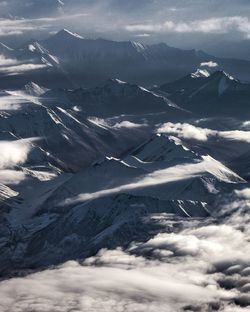 Aerial view of snowcapped mountains against sky