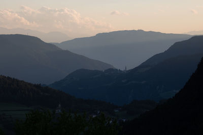 Scenic view of silhouette mountains against sky at sunset