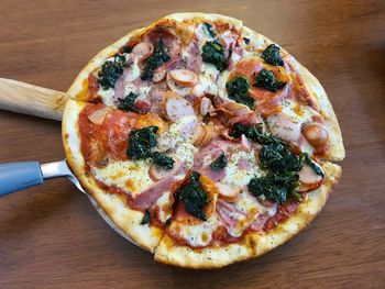 High angle view of pizza on table