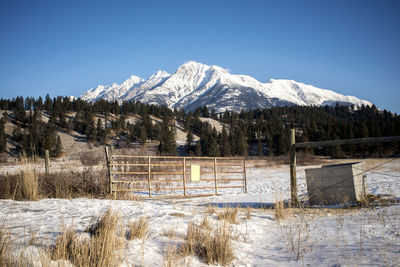 Scenic view of snowcapped mountains against clear sky