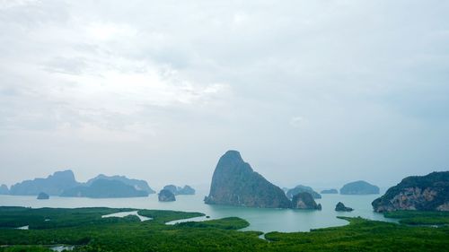 Scenic view of bay against sky