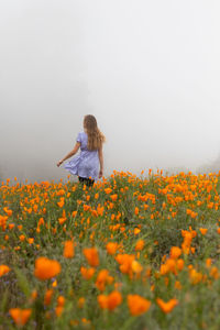 Low angle view of woman on yellow flowering plants on field against sky