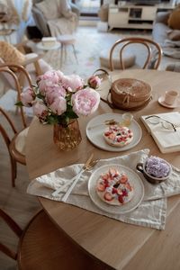 High angle view of roses on table