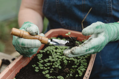 Farmer digging soil with gardening equipment