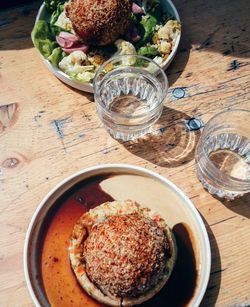 High angle view of food served on table