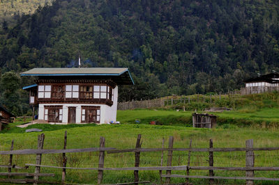 House on field against trees and plants