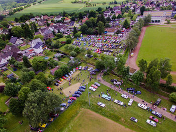 High angle view of houses in town